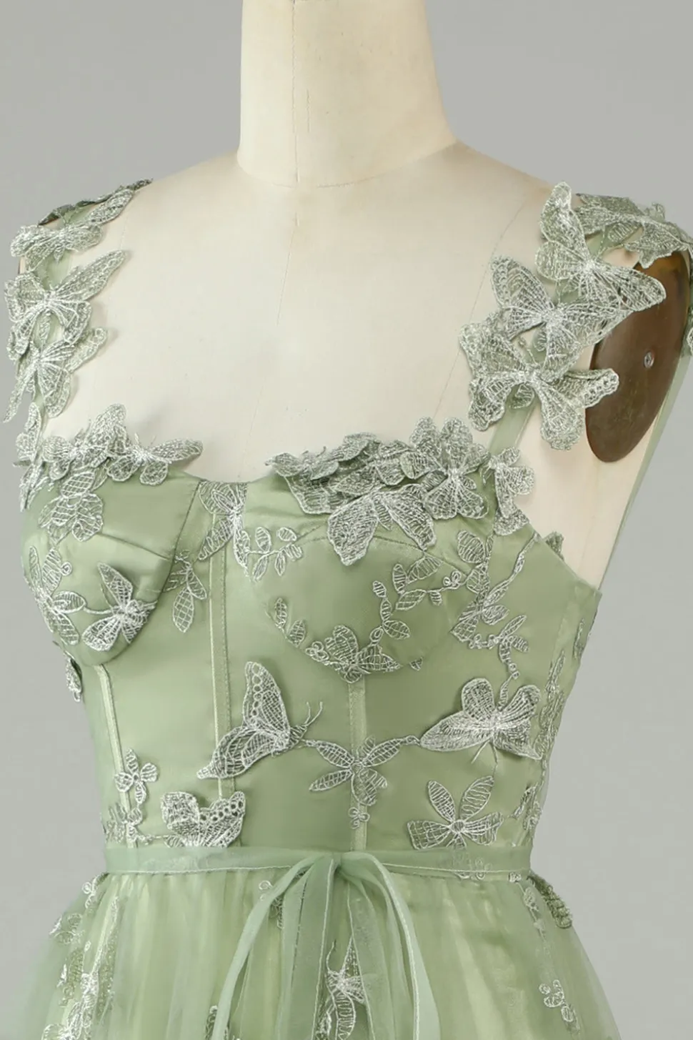 Verde Tule Vestido de Festa Com Borboletas 3D