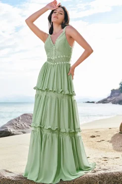 Verde Uma linha babado vestido longo da dama de honra floral com renda