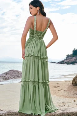 Verde Uma linha babado vestido longo da dama de honra floral com renda
