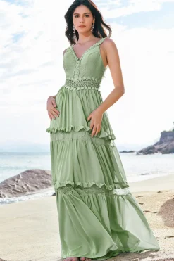 Verde Uma linha babado vestido longo da dama de honra floral com renda