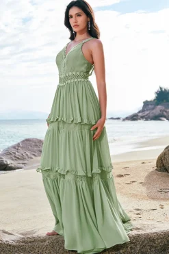Verde Uma linha babado vestido longo da dama de honra floral com renda