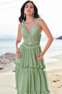 Verde Uma linha babado vestido longo da dama de honra floral com renda