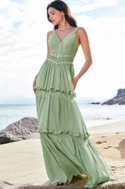 Verde Uma linha babado vestido longo da dama de honra floral com renda