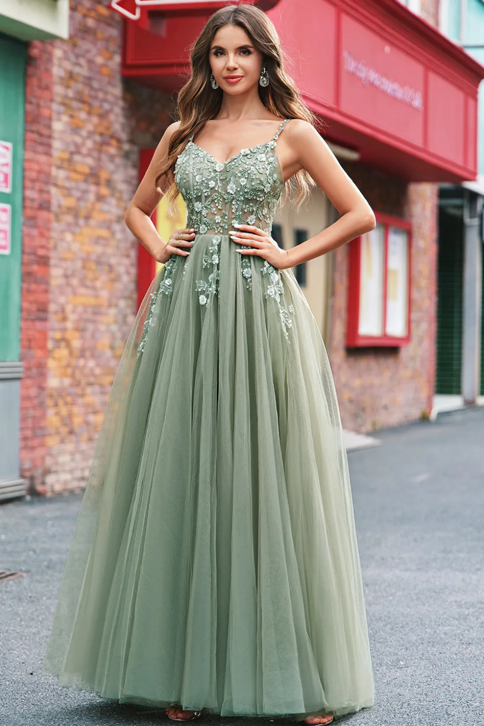 Verde Uma Linha Corset Sequin Tulle Long Prom Dress with Lace Up Back