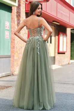 Verde Uma Linha Corset Sequin Tulle Long Prom Dress with Lace Up Back