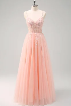 Verde Uma Linha Corset Sequin Tulle Long Prom Dress with Lace Up Back