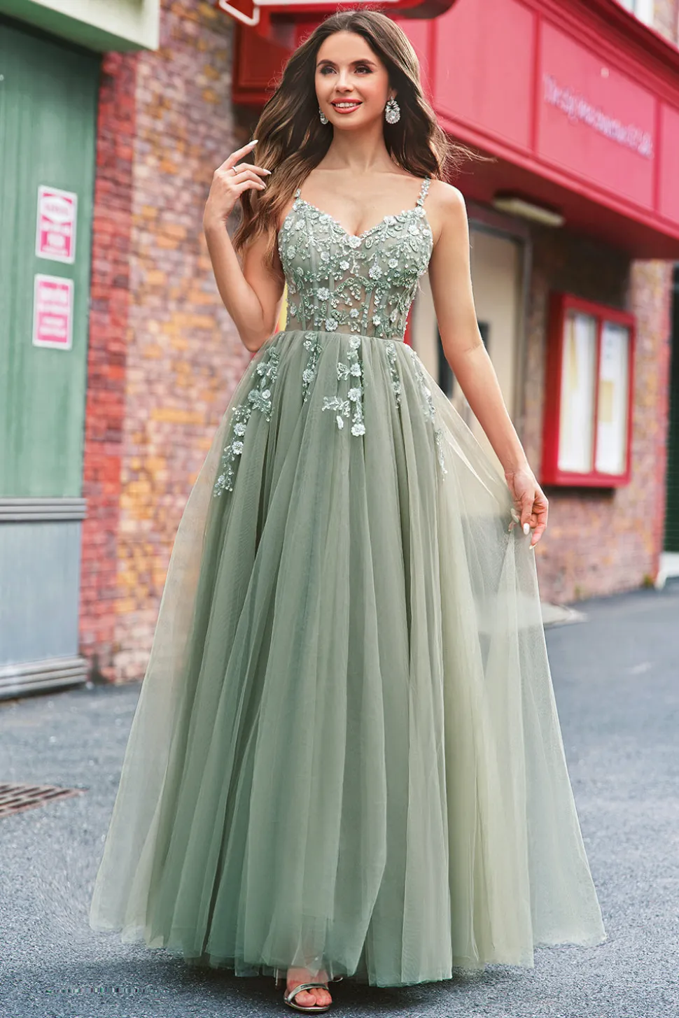 Verde Uma Linha Corset Sequin Tulle Long Prom Dress with Lace Up Back