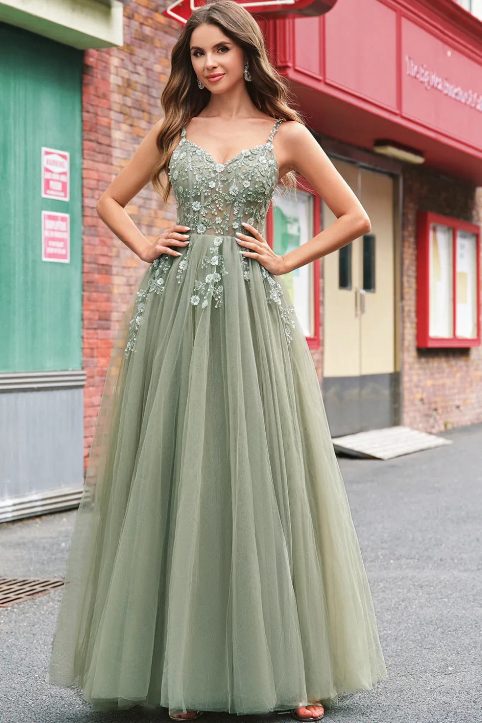 Verde Uma Linha Corset Sequin Tulle Long Prom Dress with Lace Up Back