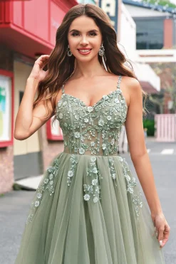 Verde Uma Linha Corset Sequin Tulle Long Prom Dress with Lace Up Back