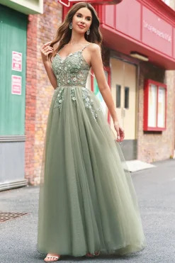 Verde Uma Linha Corset Sequin Tulle Long Prom Dress with Lace Up Back