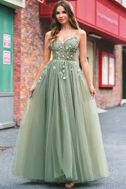Verde Uma Linha Corset Sequin Tulle Long Prom Dress with Lace Up Back