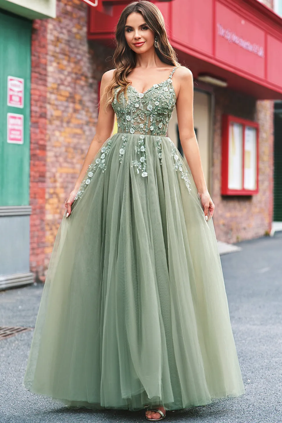 Verde Uma Linha Corset Sequin Tulle Long Prom Dress with Lace Up Back