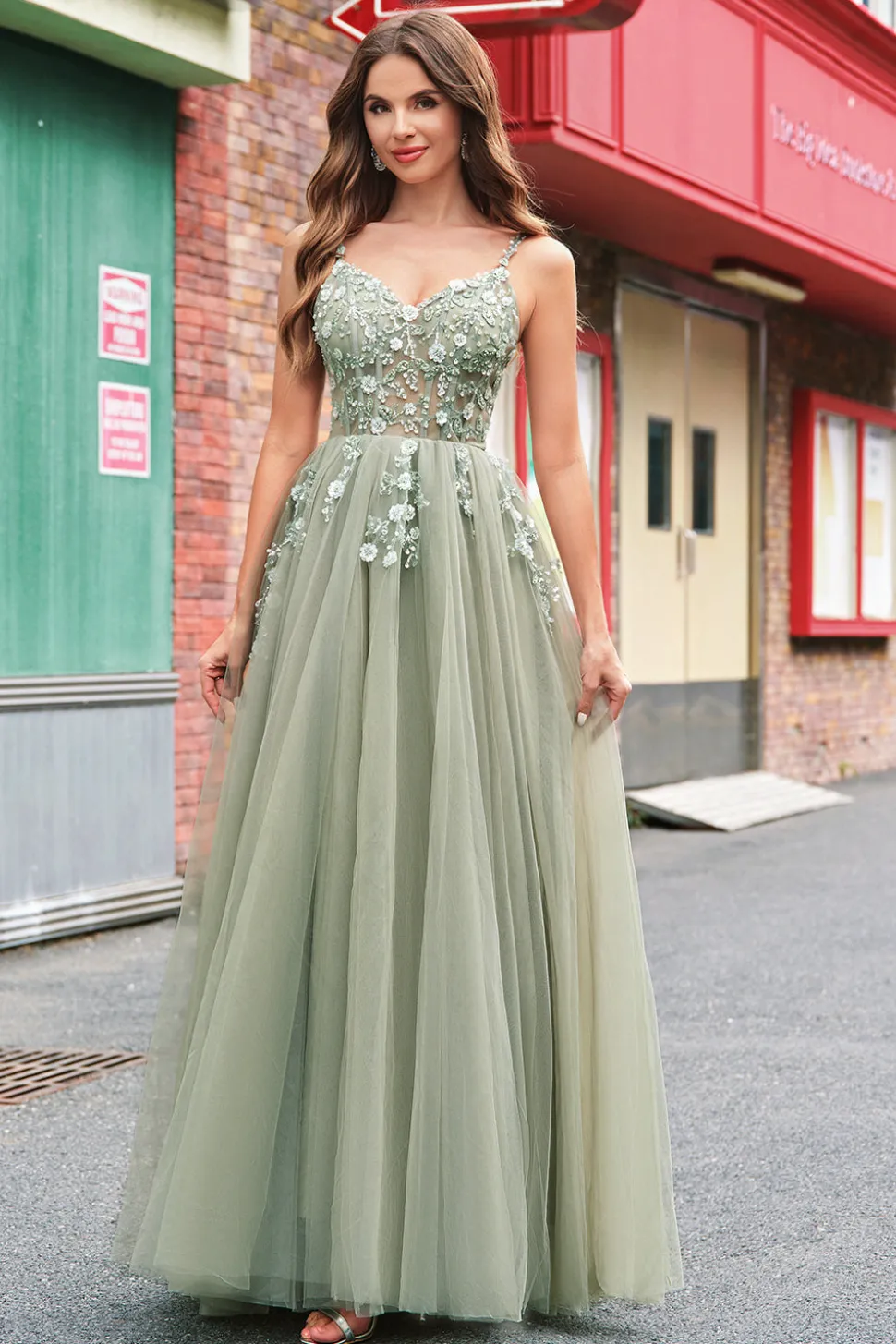 Verde Uma Linha Corset Sequin Tulle Long Prom Dress with Lace Up Back