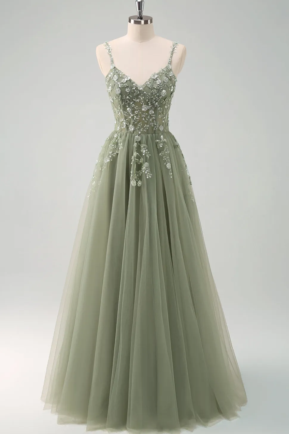 Verde Uma Linha Corset Sequin Tulle Long Prom Dress with Lace Up Back