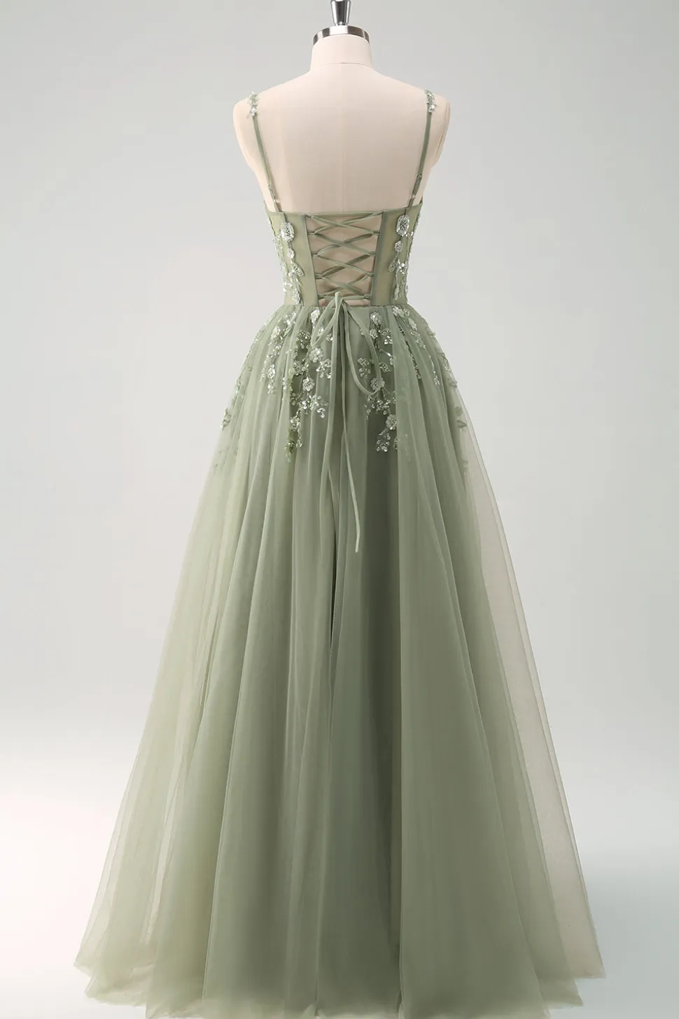Verde Uma Linha Corset Sequin Tulle Long Prom Dress with Lace Up Back
