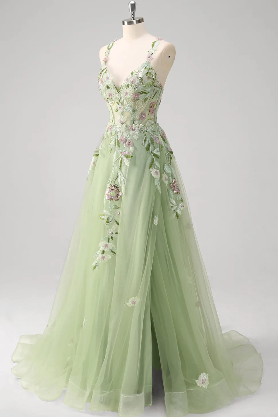 Verde Uma linha de alças espaguete Appliqued Corset Long Prom Dress With Tulle