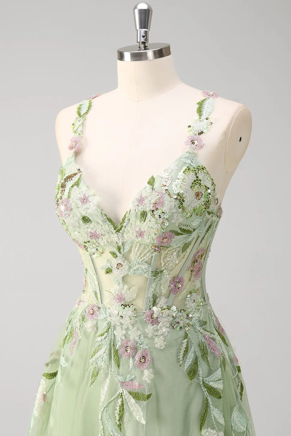 Verde Uma linha de alças espaguete Appliqued Corset Long Prom Dress With Tulle