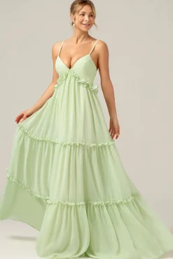 Verde Uma linha de babados longo vestido de dama de honra da maternidade com renda para trás