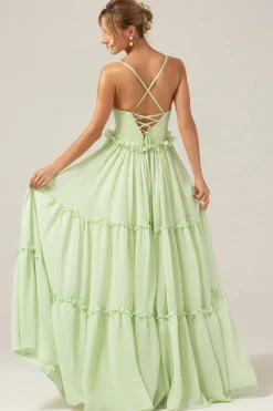 Verde Uma linha de babados longo vestido de dama de honra da maternidade com renda para trás