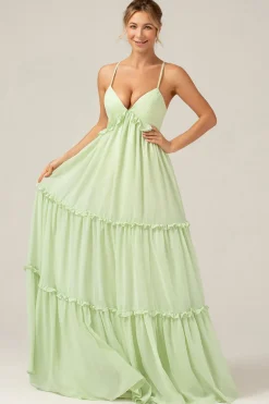 Verde Uma linha de babados longo vestido de dama de honra da maternidade com renda para trás