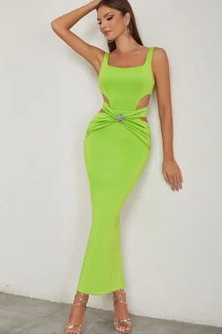 Verde Uma linha de pescoço quadrado oco para fora plissado longo vestido de festa formal