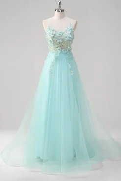 Verde Uma linha espaguete correias lantejoulas tule vestido de baile com flores 3D