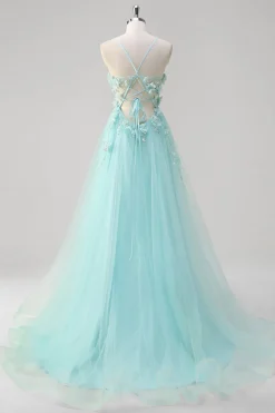 Verde Uma linha espaguete correias lantejoulas tule vestido de baile com flores 3D