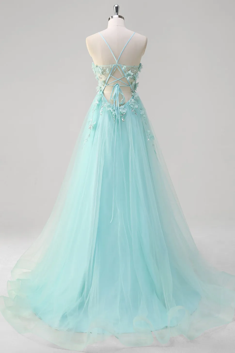 Verde Uma linha espaguete correias lantejoulas tule vestido de baile com flores 3D