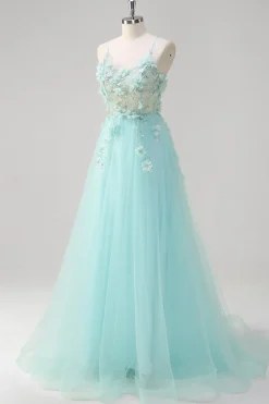Verde Uma linha espaguete correias lantejoulas tule vestido de baile com flores 3D