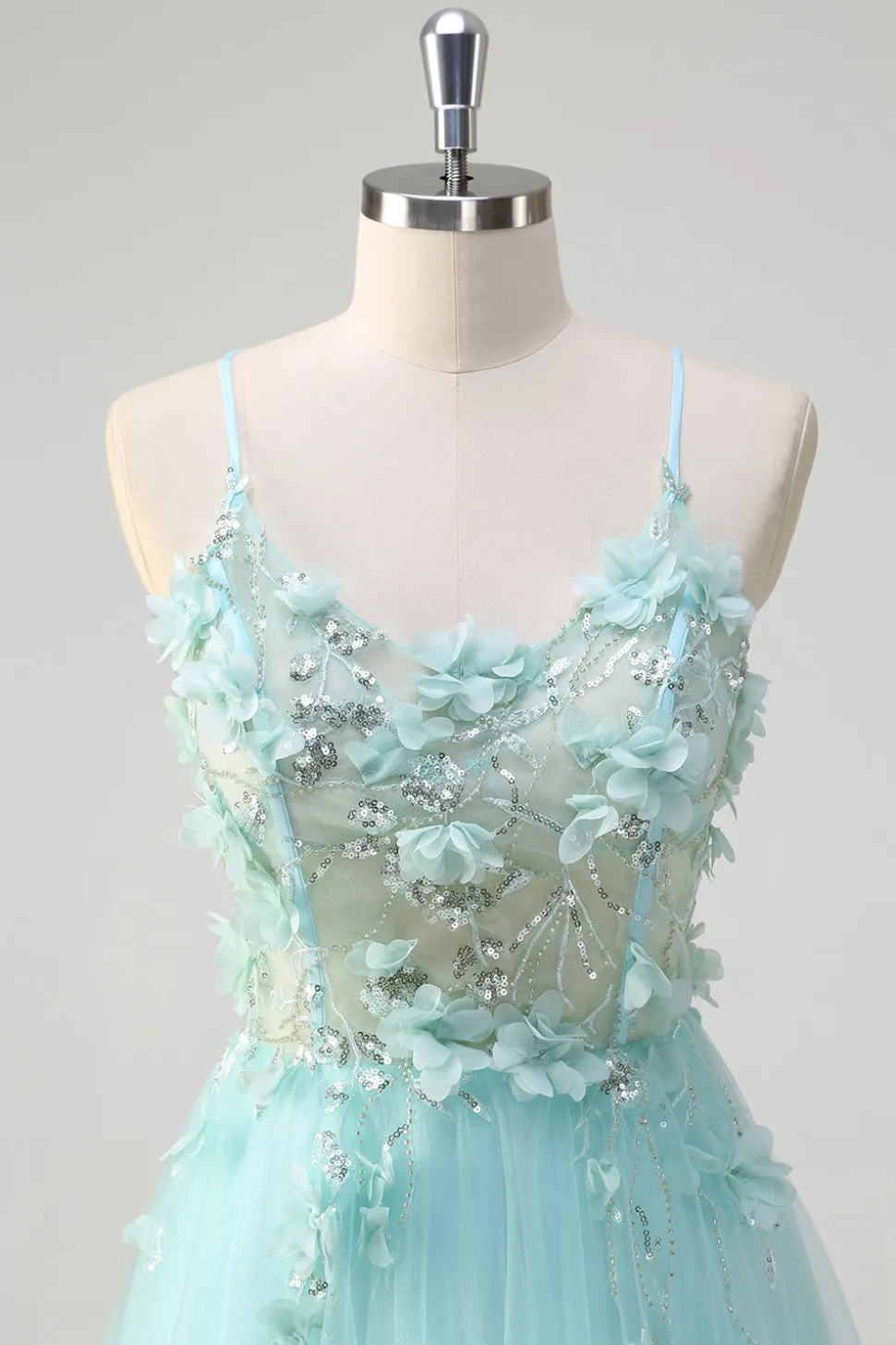 Verde Uma linha espaguete correias lantejoulas tule vestido de baile com flores 3D