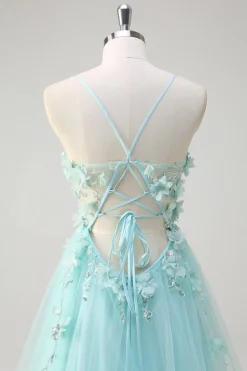 Verde Uma linha espaguete correias lantejoulas tule vestido de baile com flores 3D