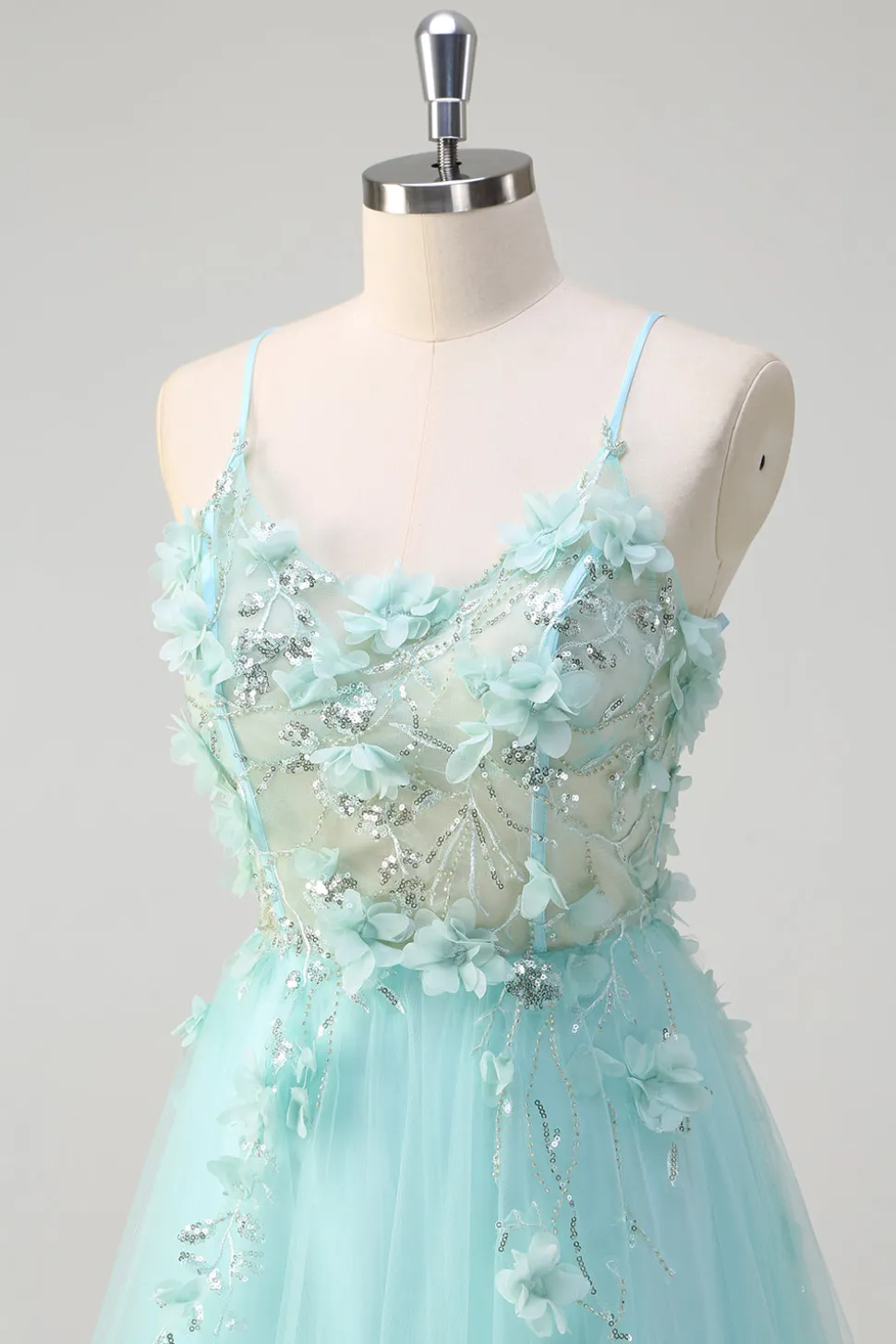 Verde Uma linha espaguete correias lantejoulas tule vestido de baile com flores 3D