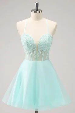 Verde Uma Linha Espaguete Correias Corset Vestido Curto Homecoming