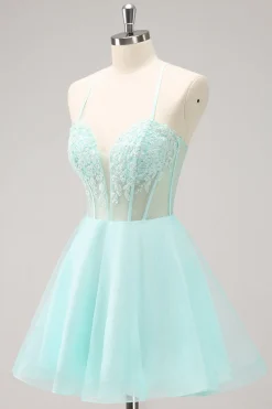 Verde Uma Linha Espaguete Correias Corset Vestido Curto Homecoming