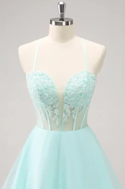 Verde Uma Linha Espaguete Correias Corset Vestido Curto Homecoming