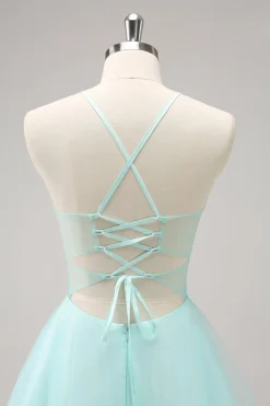 Verde Uma Linha Espaguete Correias Corset Vestido Curto Homecoming