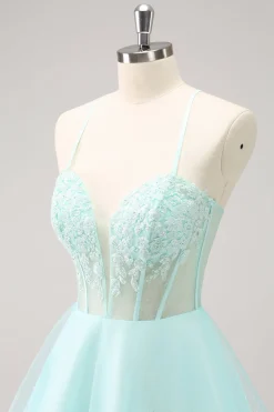 Verde Uma Linha Espaguete Correias Corset Vestido Curto Homecoming