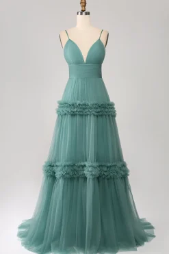Verde Uma Linha Esparguete Correias Tule Longo Vestido de Baile com Folhos