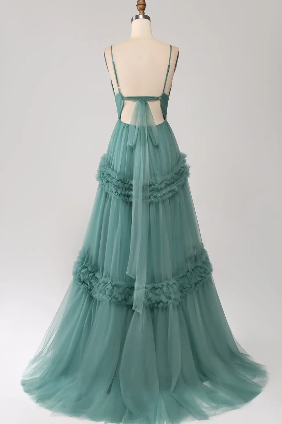 Verde Uma Linha Esparguete Correias Tule Longo Vestido de Baile com Folhos