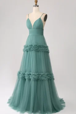 Verde Uma Linha Esparguete Correias Tule Longo Vestido de Baile com Folhos