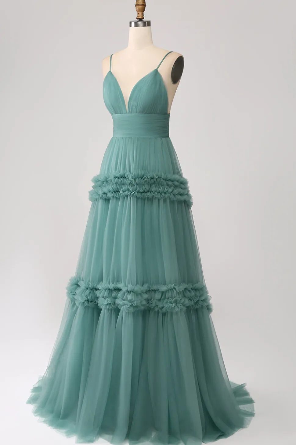 Verde Uma Linha Esparguete Correias Tule Longo Vestido de Baile com Folhos