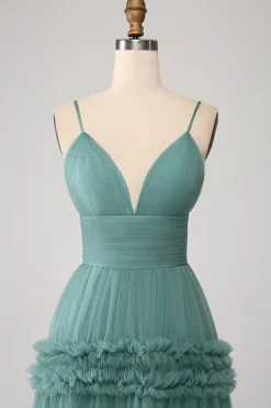 Verde Uma Linha Esparguete Correias Tule Longo Vestido de Baile com Folhos