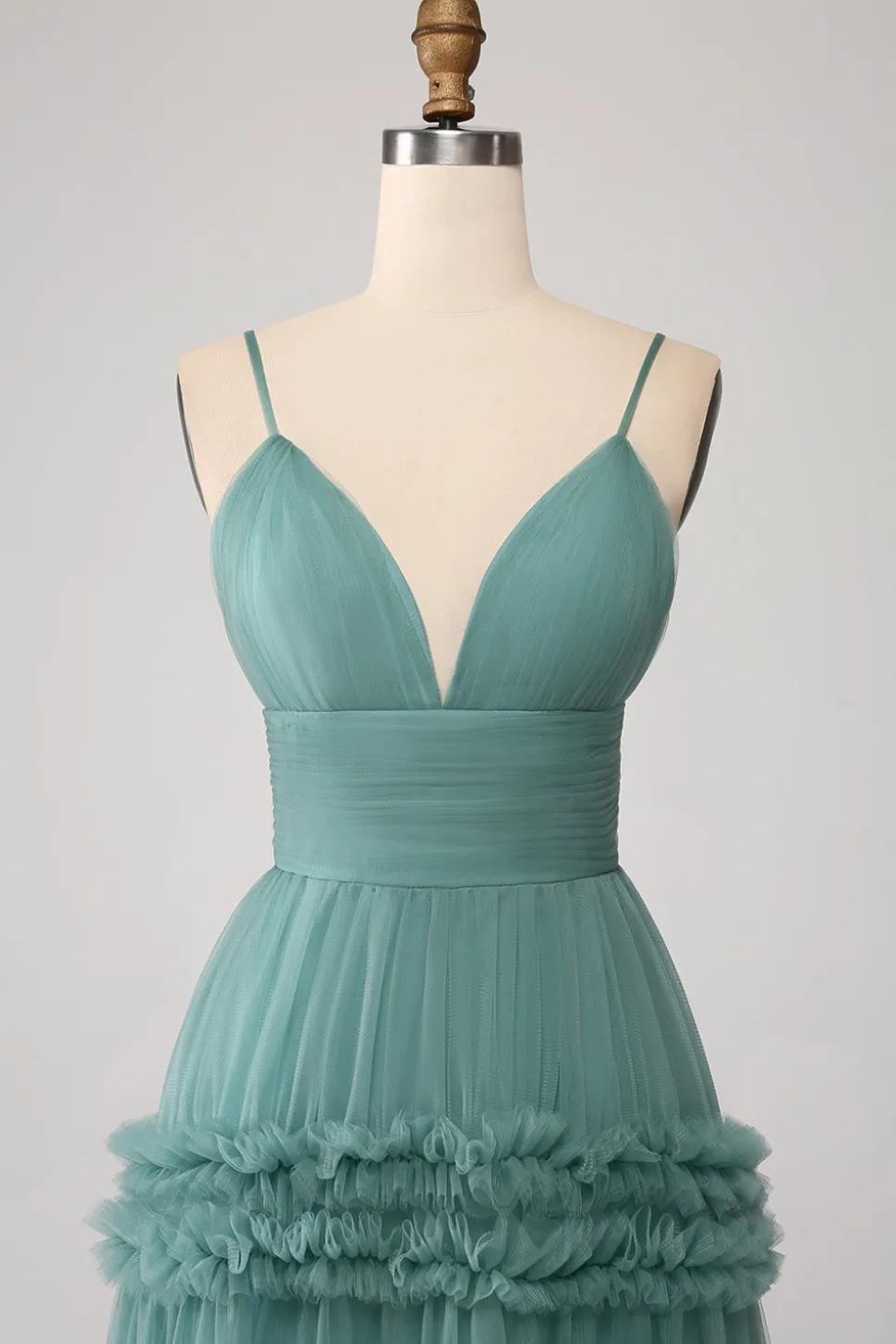 Verde Uma Linha Esparguete Correias Tule Longo Vestido de Baile com Folhos