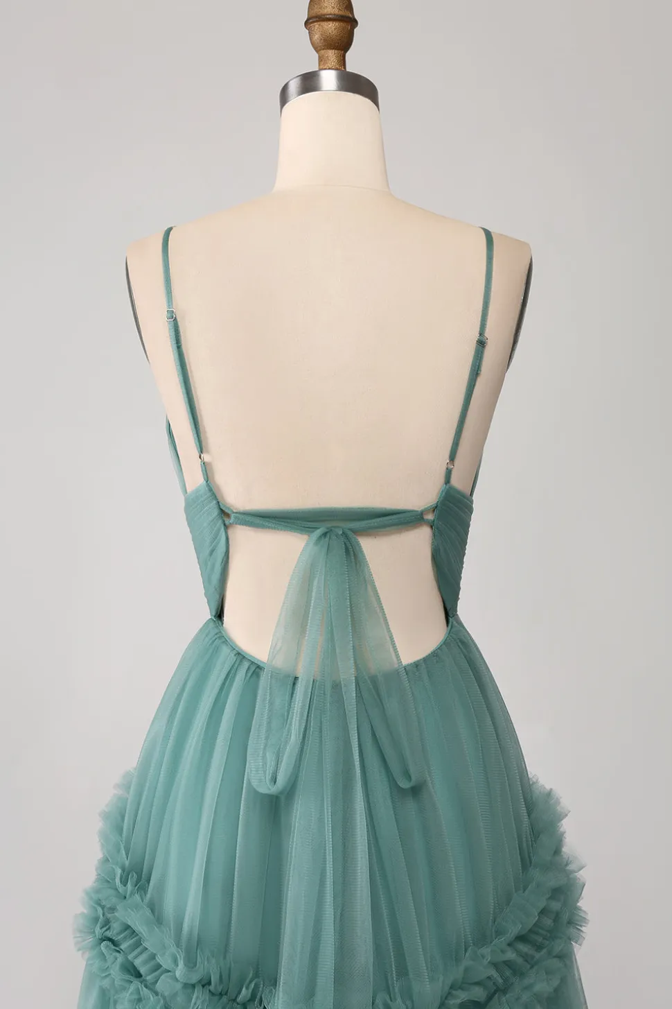 Verde Uma Linha Esparguete Correias Tule Longo Vestido de Baile com Folhos