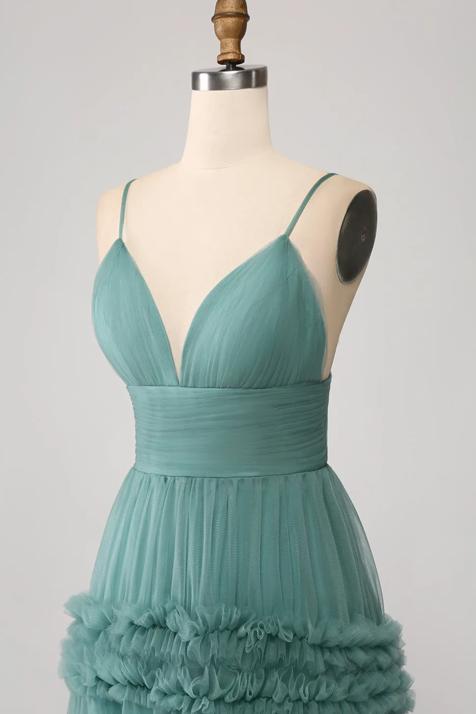 Verde Uma Linha Esparguete Correias Tule Longo Vestido de Baile com Folhos