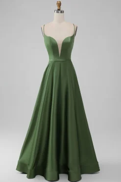 Verde Uma Linha Esparguete Correias Cetim Longo Vestido Madrinha
