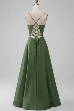 Verde Uma Linha Esparguete Correias Cetim Longo Vestido Madrinha