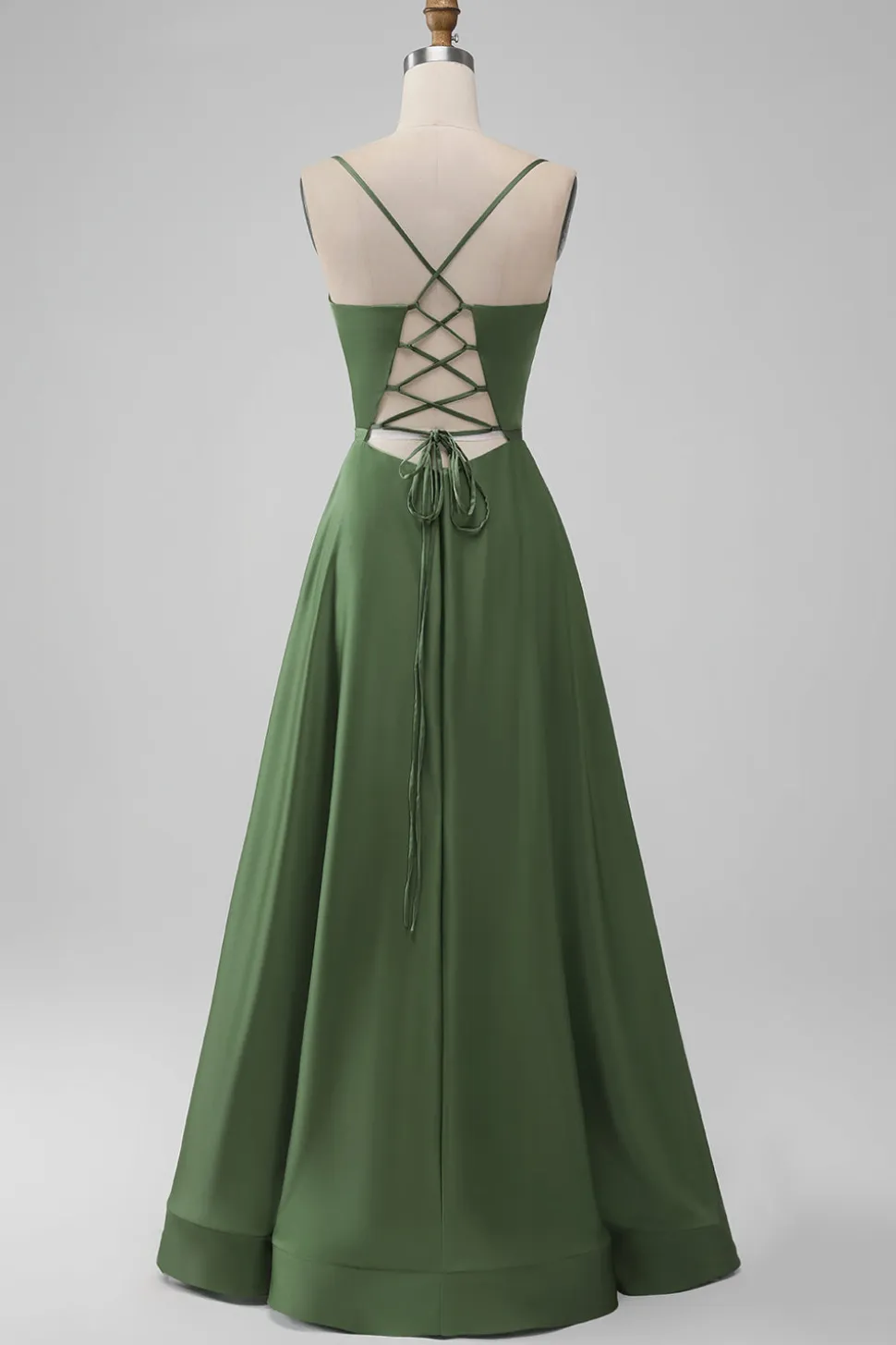 Verde Uma Linha Esparguete Correias Cetim Longo Vestido Madrinha