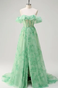 Verde Uma linha fora do ombro espartilho babado estampado vestido longo baile de formatura com fenda