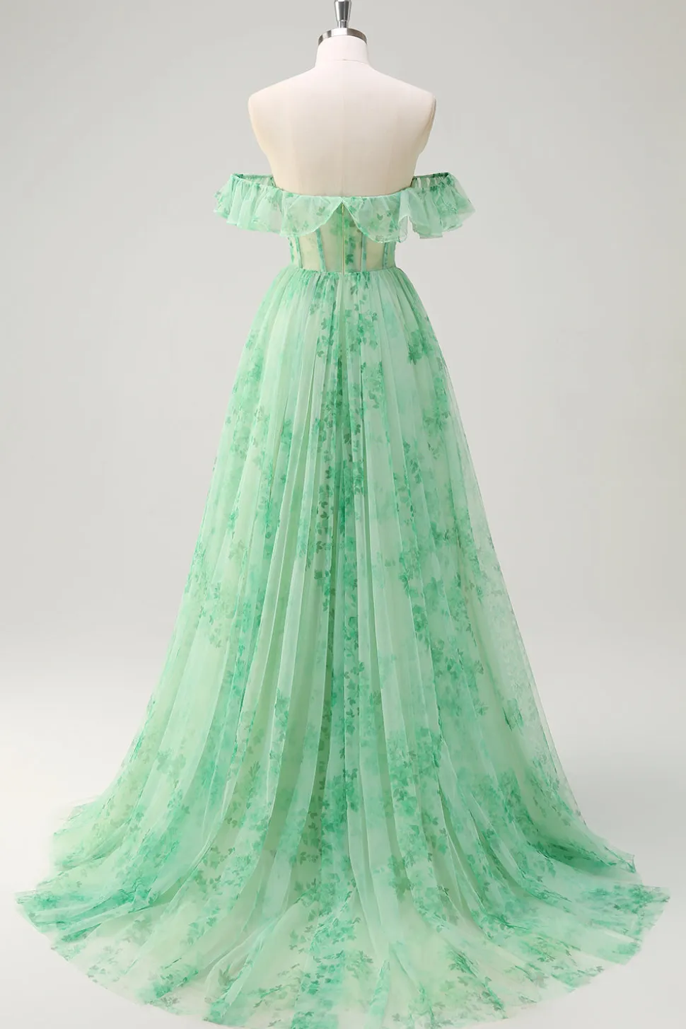 Verde Uma linha fora do ombro espartilho babado estampado vestido longo baile de formatura com fenda